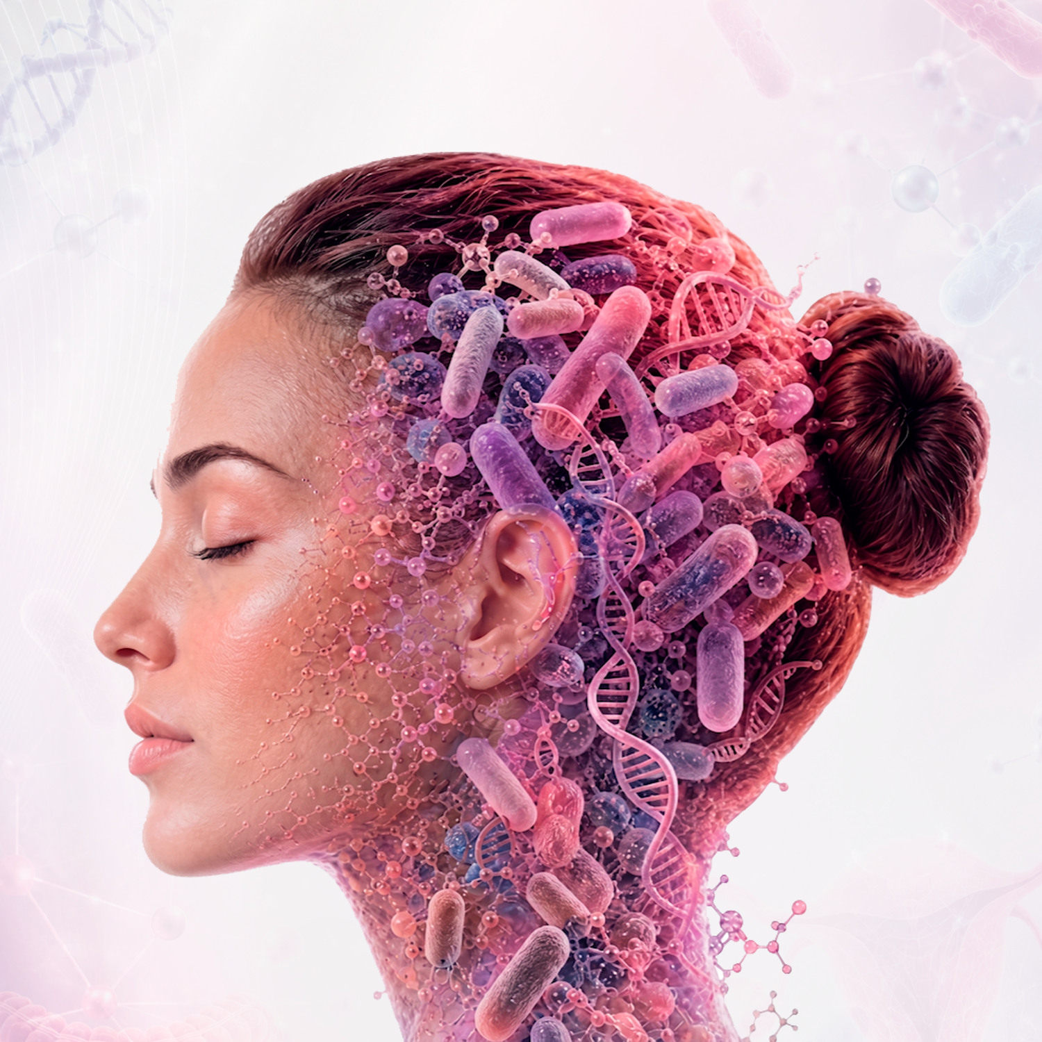 Ilustración de una mujer entrelazada con una hélice de ADN y microbiota, representando la medicina de precisión femenina.